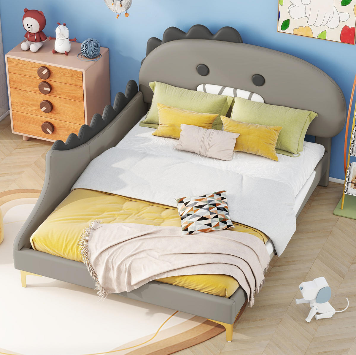 KINDERBETT 140/200 cm Grau aus PU im Dinosaurier-Design - Grau, Leder (140/200cm) - Flora Grace