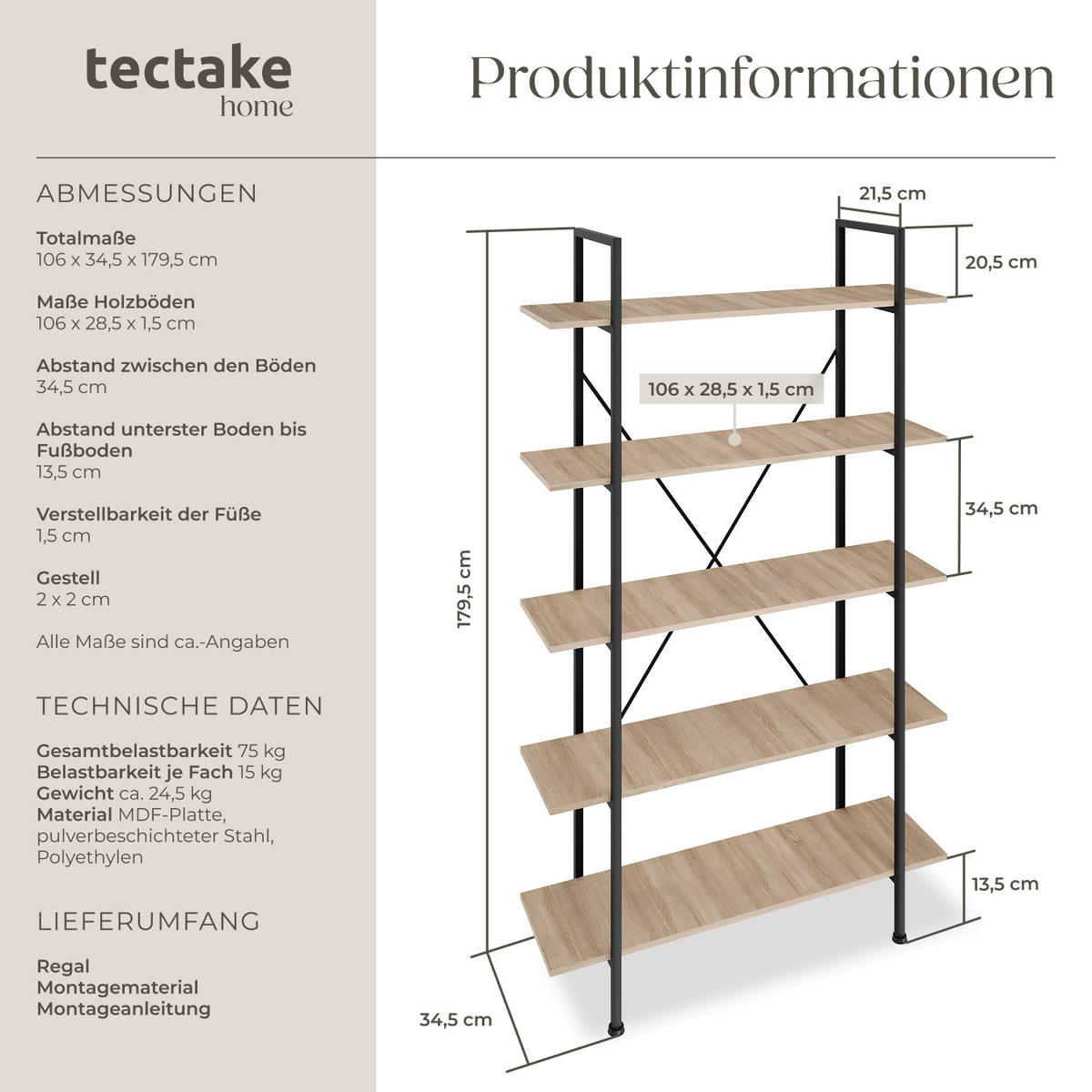 REGAL Glasgow,inklusive Kippschutz, 106 x 34,5 x 179,5 cm,Industrial Holz hell, Eiche Sonoma - Naturfarben, Holz (34.5/179.5/106cm) - tectake