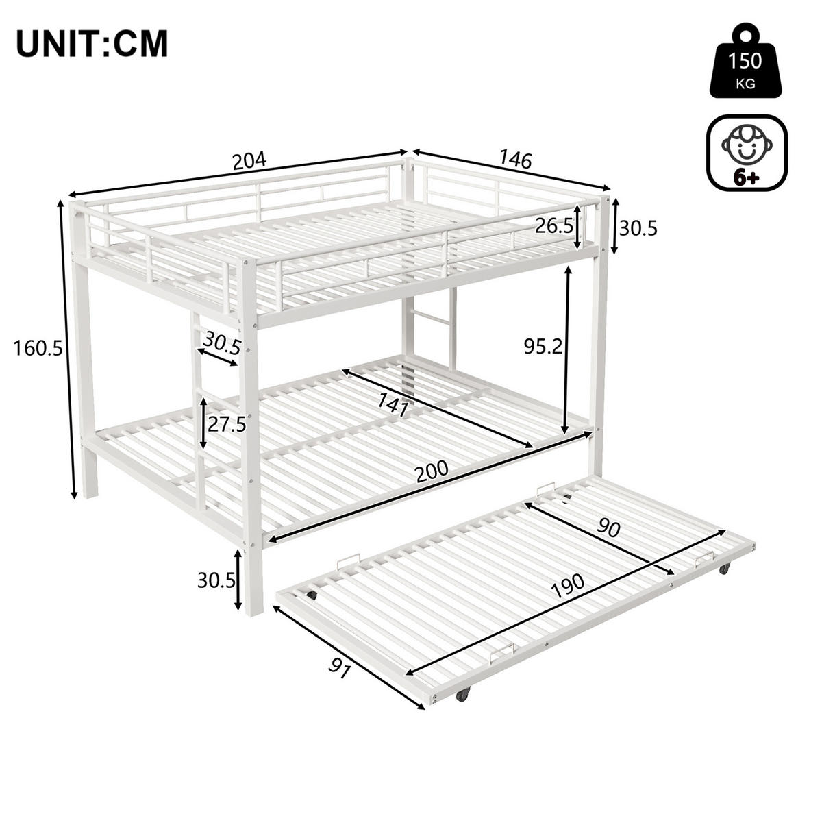 ETAGENBETT aus Metall 140x200 cm Weiß mit Ausziehbett und hohen Geländern - Weiß, Metall (140/200cm) - Modfu