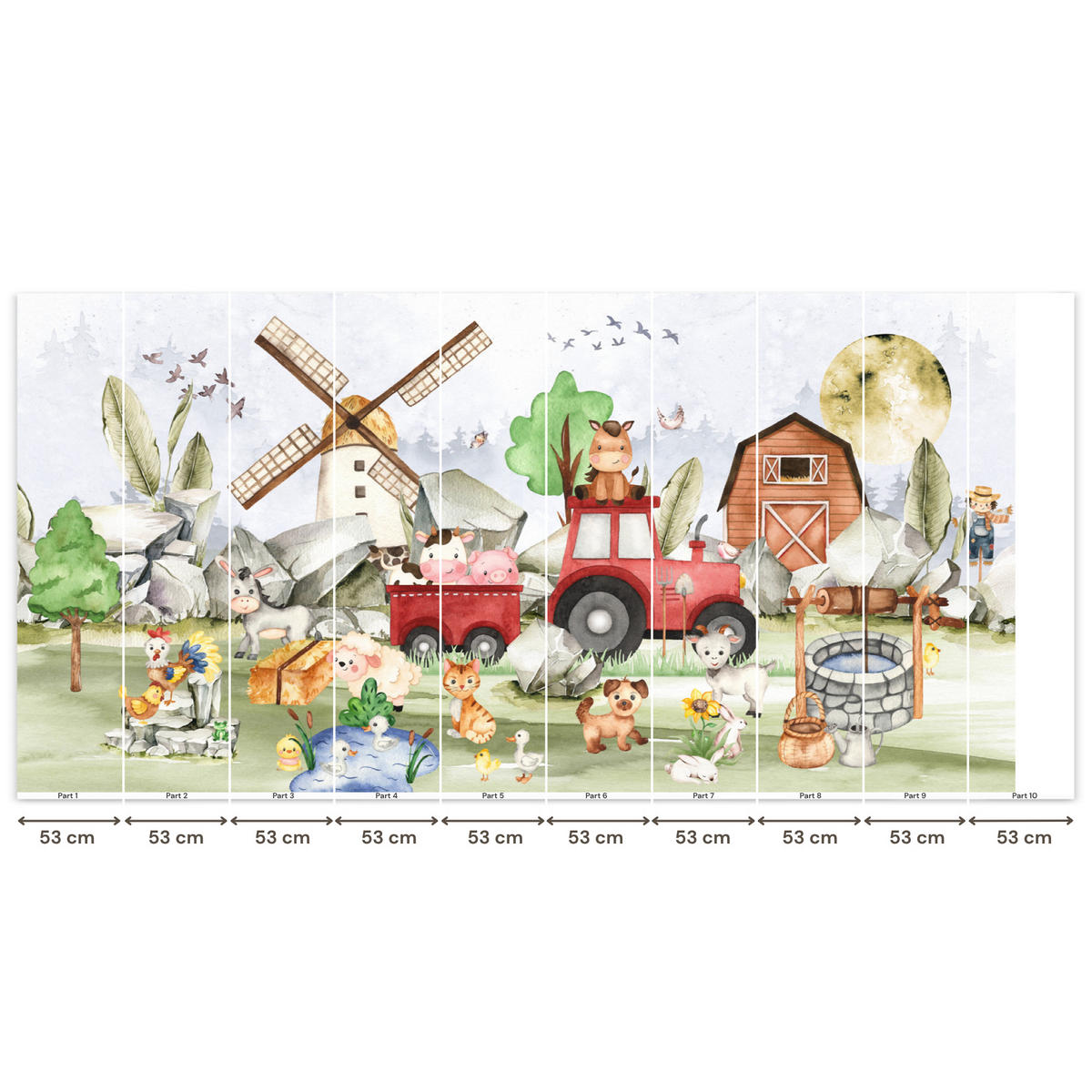 KINDERTAPETE - Bauernhof - Traktor - Kinder - Tiere - 500x260 cm - Weiß, Papier (500/260cm) - OnlyWow