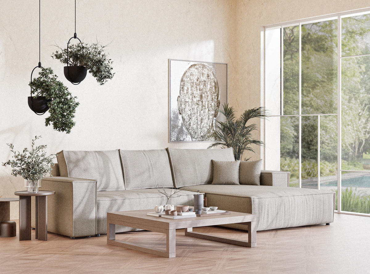 ECKSOFA MIT SCHLAFFUNKTION Maze Seidengrau Webstoff - Greige/Schwarz, Holz/Holzwerkstoff (294/185cm) - Maison de Reve