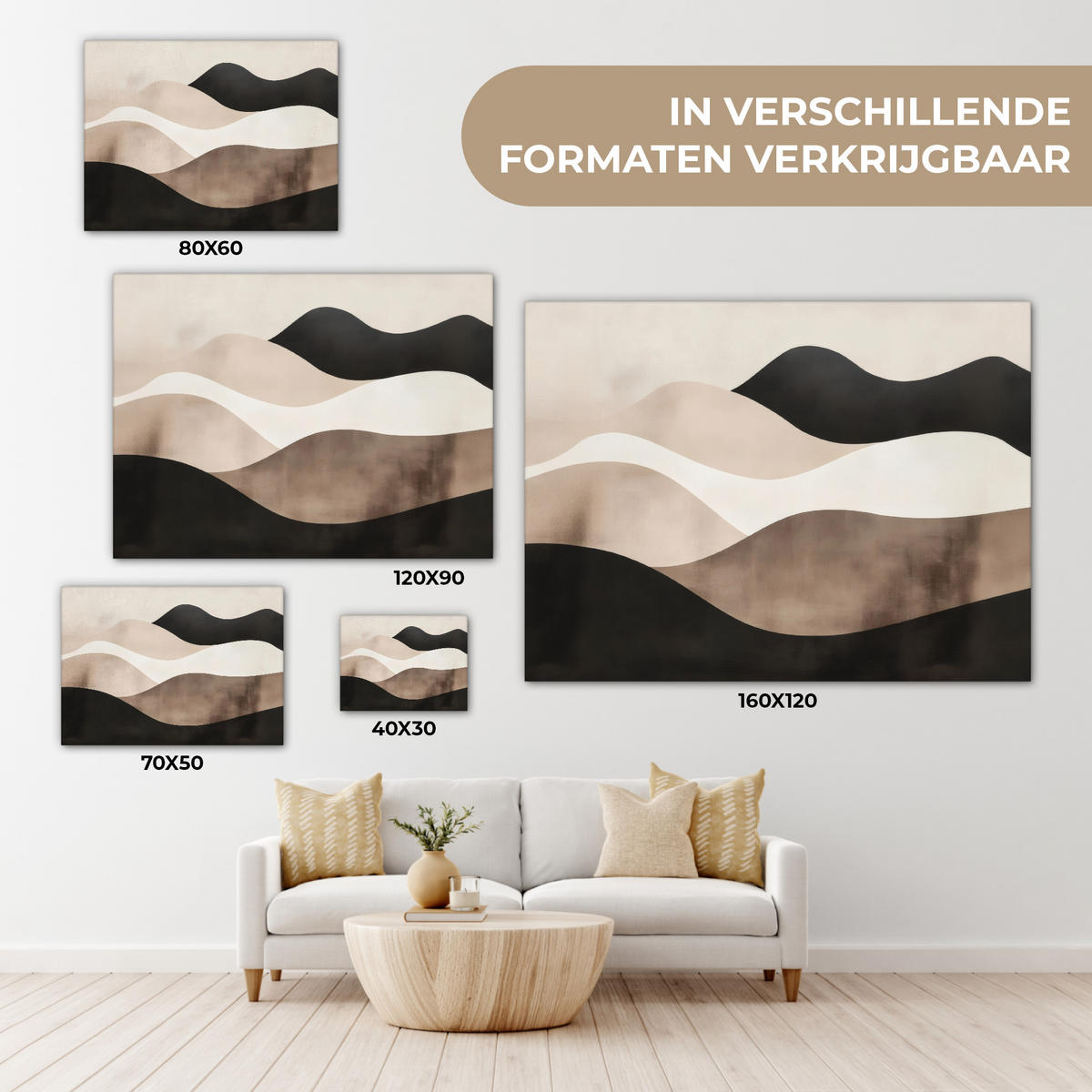 LEINWANDBILD Abstrakt - Landschaft - Wellen - Cremefarben Wandbilder 80x60 cm - Cappuccino, Textil (80/60cm) - MuchoWow