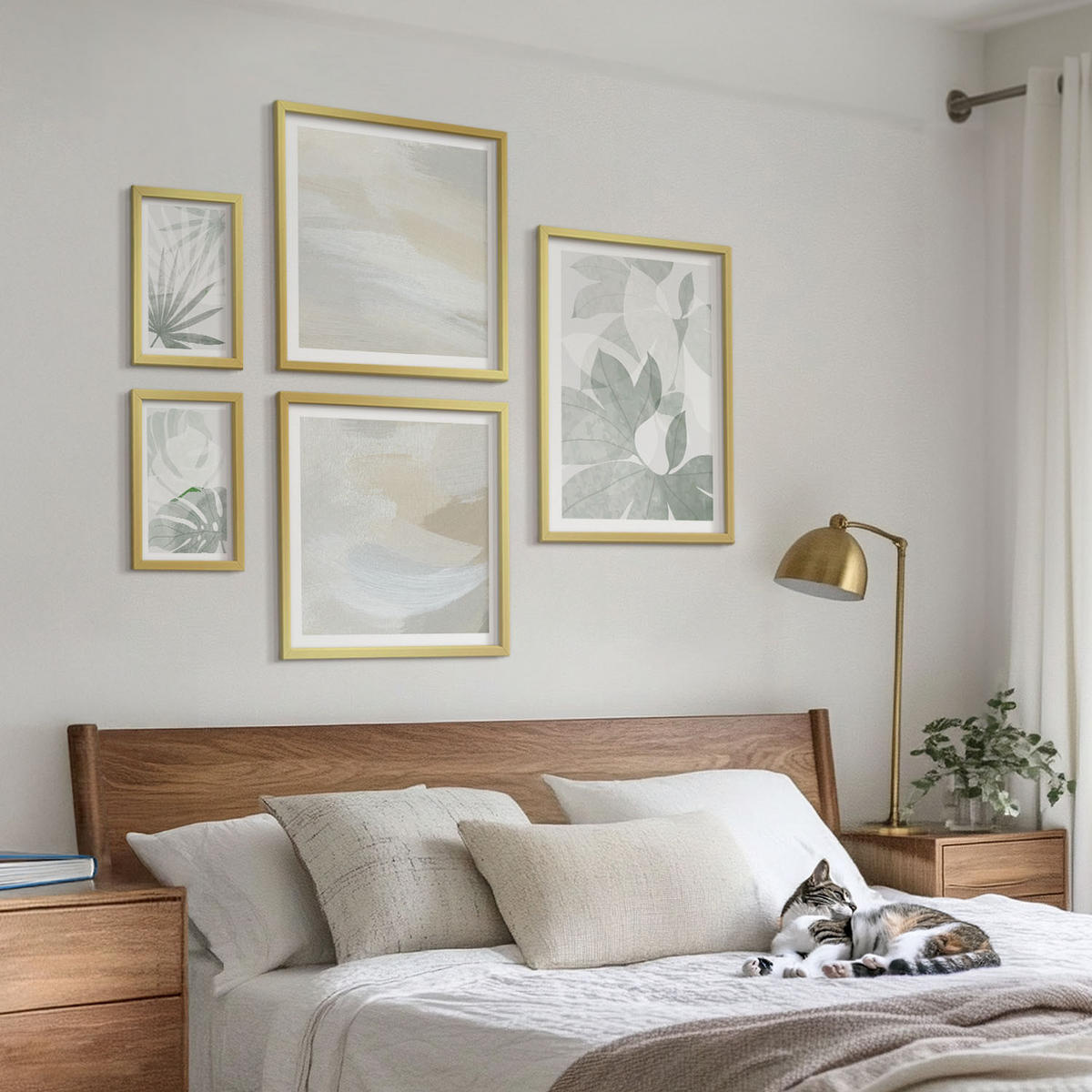 BILDER SET 5er Set - 50x50 cm & 20x30 cm & 40x60 cm Goldrahmen - Die Blätter der Pflanzen sind grünlich-grau. - Goldfarben, Kunststoff (40/60cm) - TULUP