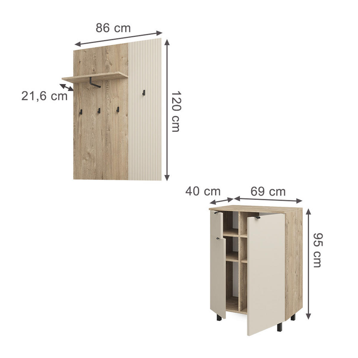GARDEROBE Puerto, Eiche/Cashmere, 2-er Set - Kaschmir/Eichefarben, Holzwerkstoff (69/95/40cm) - Vicco