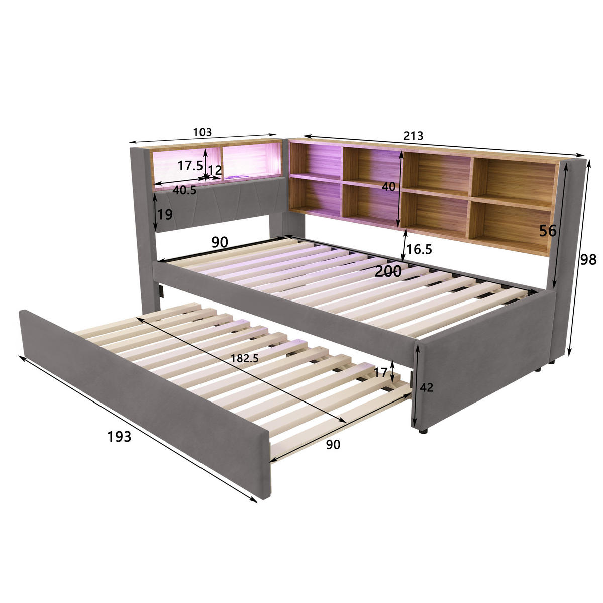 BETT mit Ausziehbett 90/190 cm Dunkelgrau Flanell mit LED-Leuchten & Ladeanschlüssen - Dunkelgrau, Textil (90/190cm) - OKWISH