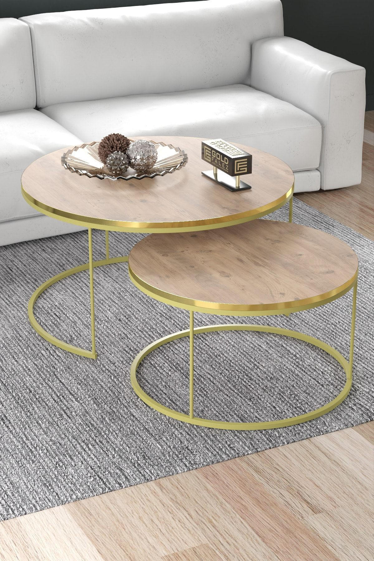 COUCHTISCH-SET 2 TLG. Trevano - Hellbraun/Goldfarben, Holzwerkstoff/Metall (70/70/51cm) - [en.casa]