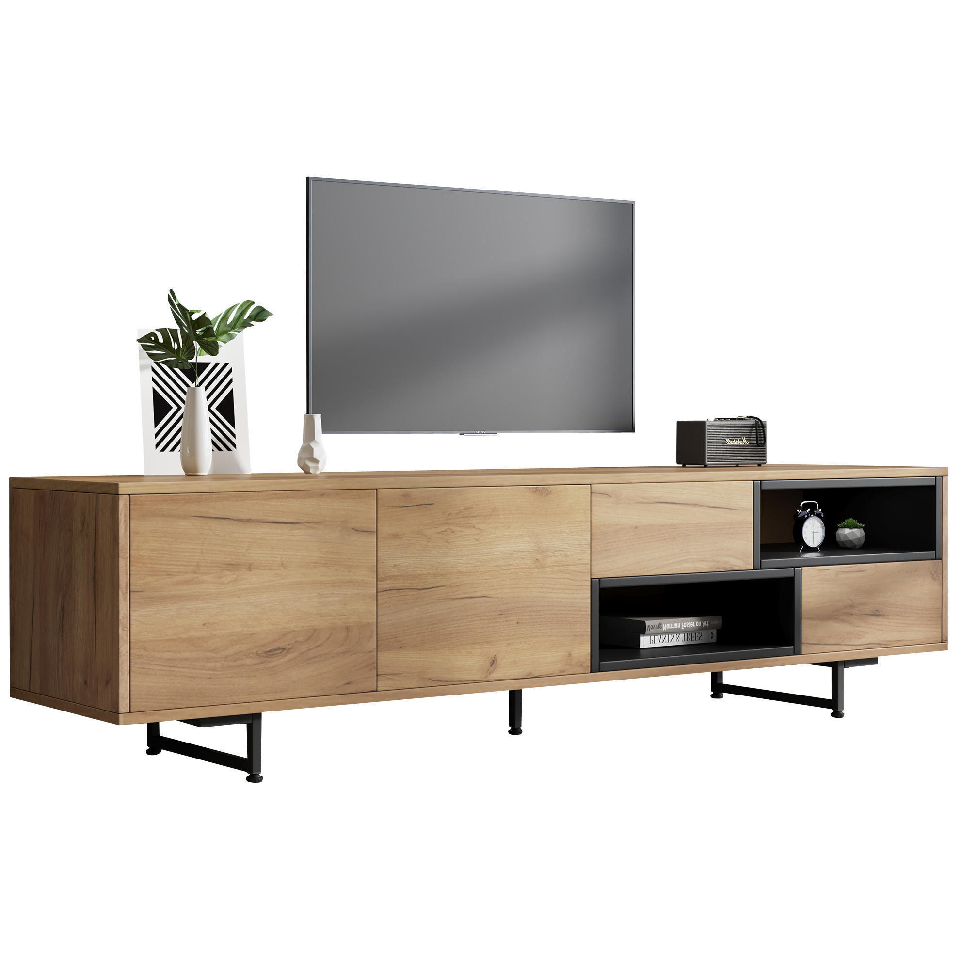 Modfu TV stolek z dřevotřísky 173x38x48 cm dekor dřeva se 2 dvířky, 2 zásuvkami, otevřenými policemi a otvory na kabely