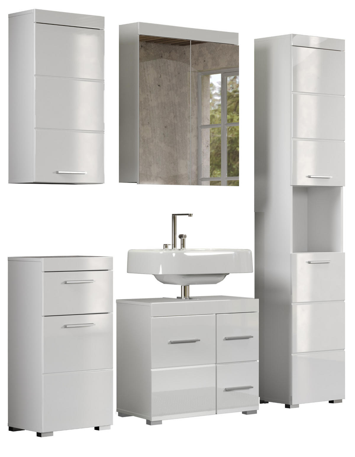 BADMÖBEL-SET weiß Hochglanz 5-teilig 163 x 190 cm, Badezimmer-Schränke mit viel Stauraum - Weiß Hochglanz/Alufarben, Glas/Holzwerkstoff (163/190/34cm) - Top.Furn
