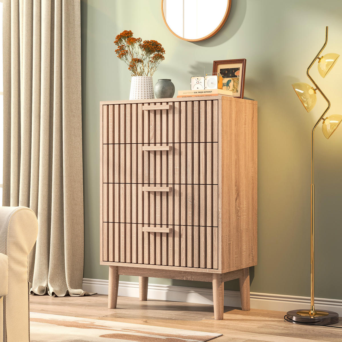 KOMMODE mit Rillenfront, 4 Schubladen Stauraum, Eiche hell, 34/60/91cm - Eichefarben, Holz (60/91/34cm) - Joyfair