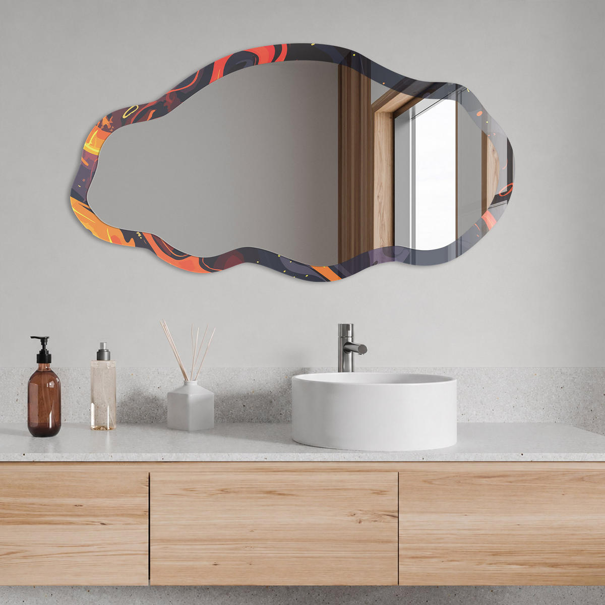 SPIEGEL 90x45 cm asymmetrisch mit Druck - Feurige Abstraktion - Transparent, Glas (45/90/0.4cm) - TULUP