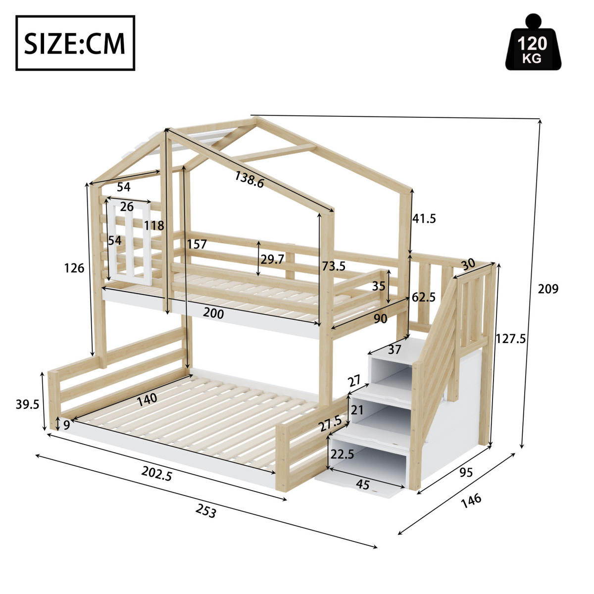 ETAGENBETT aus Kiefernholz 90x200/140x200 cm in Natur mit Treppenschrank & Fenster - Naturfarben, Holz (90/200cm) - Modfu