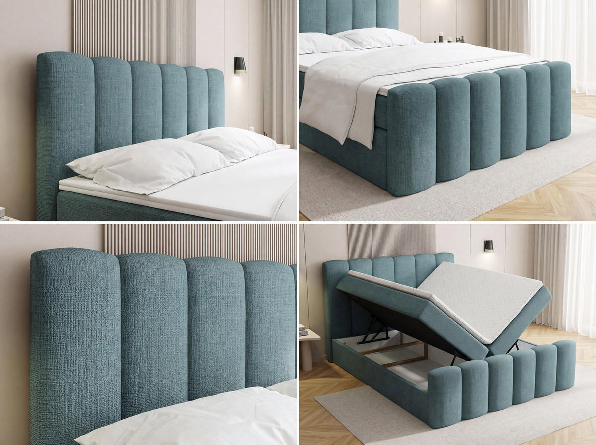 BOXBETT Serenity mit Bettkasten, Dunkelblau Chenille 140x200 cm – inkl. H4 Taschenfederkern Matratze & Foam Topper - Schwarz/Dunkelblau, Holz/Holzwerkstoff (140/200cm) - WFL GROUP