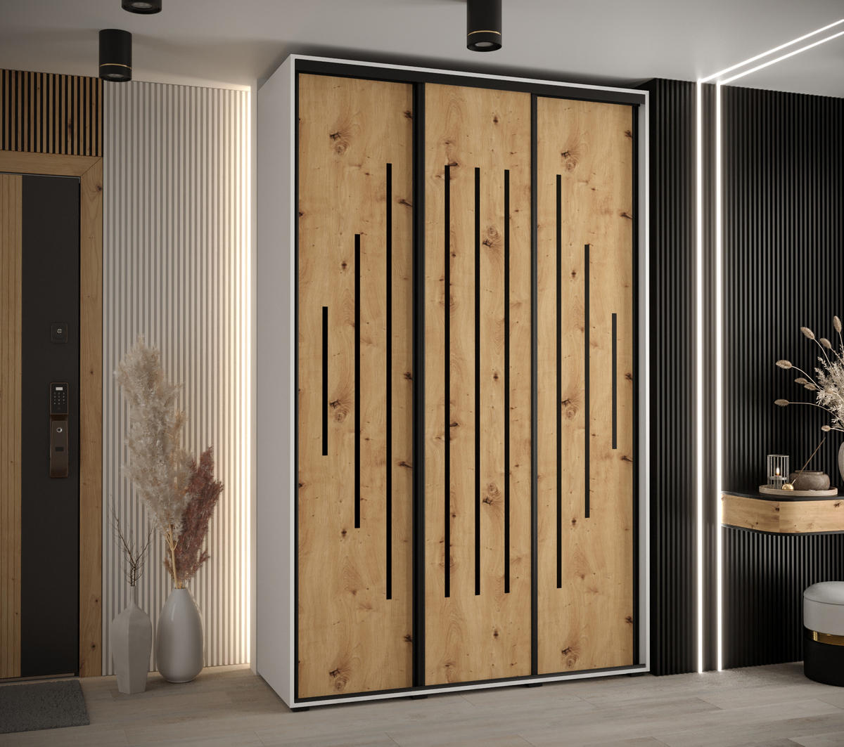 SCHWEBETÜRENSCHRANK 235,2/150/60 3-türig - Schwarz/Eiche Artisan, Holz/Metall (150/235/60cm) - Abiks Möbel