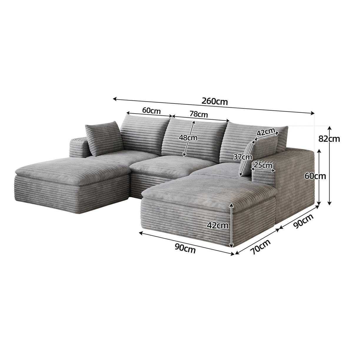 WOHNLANDSCHAFT aus Stoff 260 cm Grau mit abnehmbarer Polsterung und flexiblem Doppelschicht-Design - Grau, Textil (260/60/160cm) - Modfu