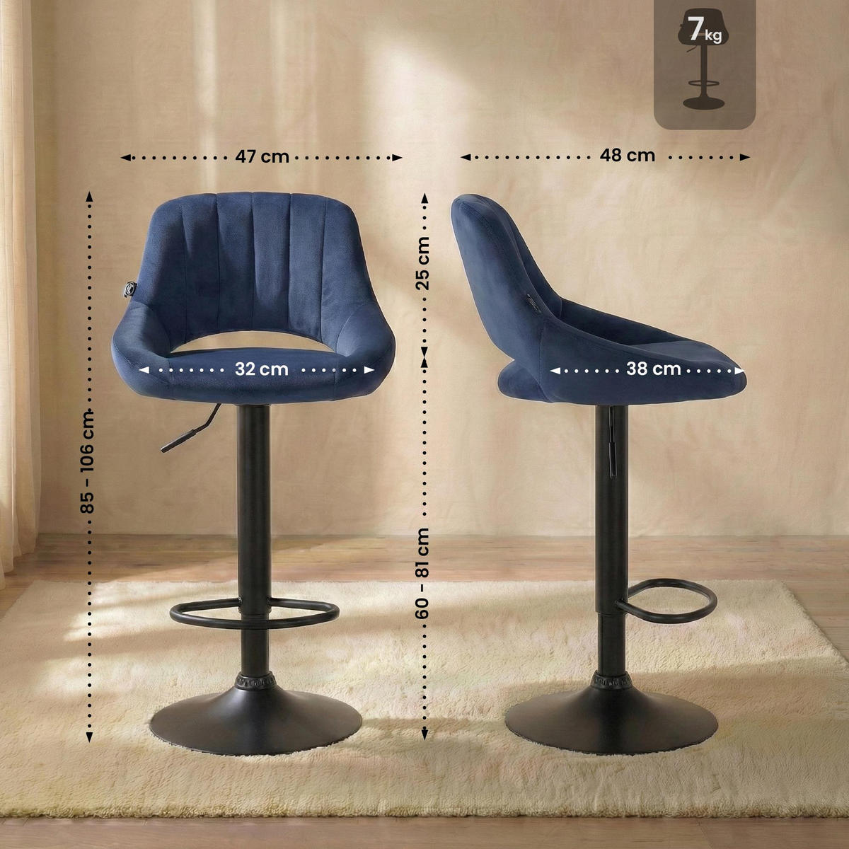 BARHOCKER Samt Blau - Blau/Schwarz, Textil/Metall (47/85/48cm) - CLP