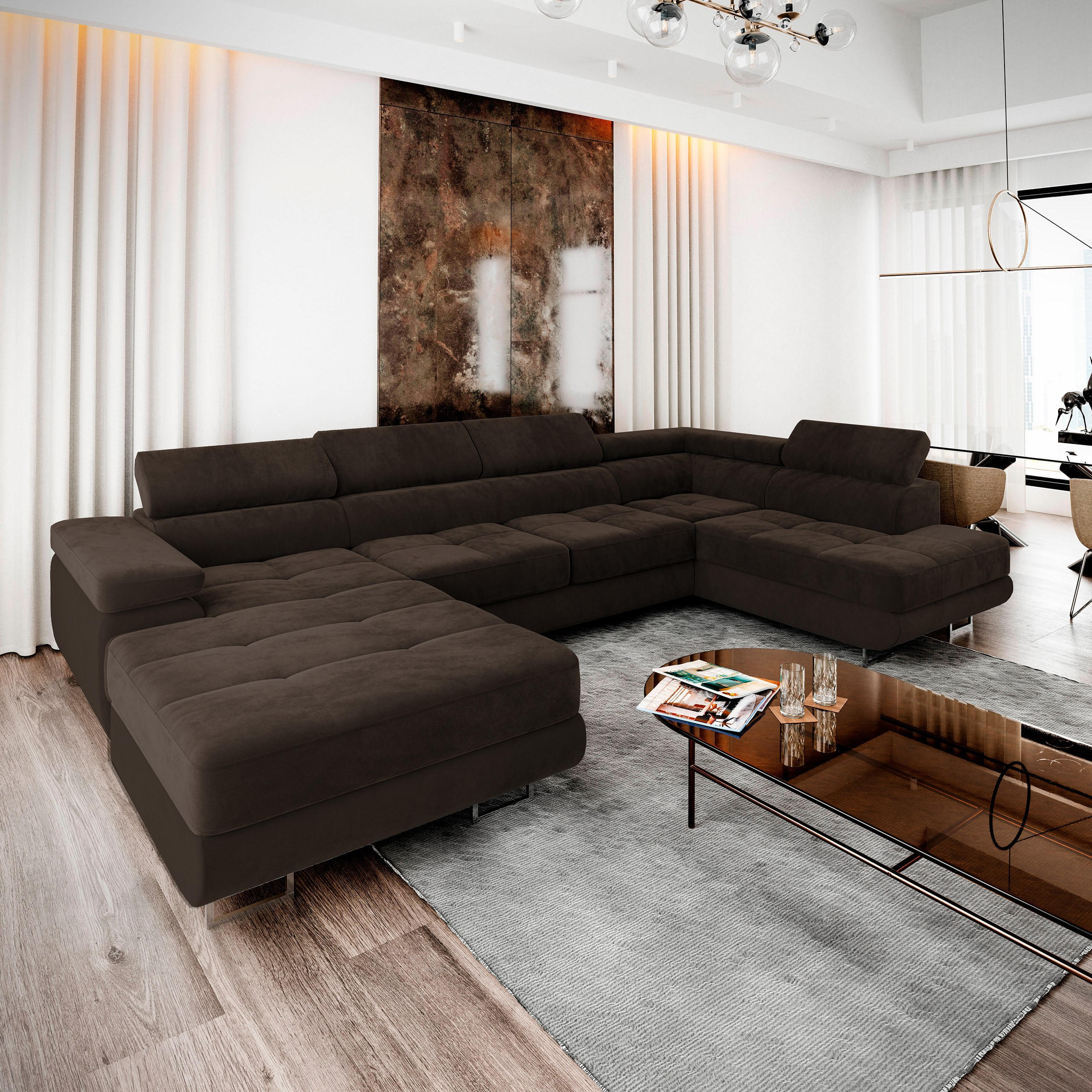 WOHNLANDSCHAFT CASONE R-S Braun Velours-Stoff mit Schlaffunktion - Braun, Holz (345/90/202cm) - MASSENO