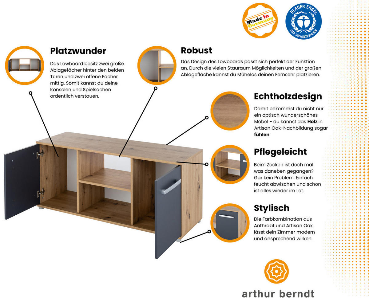 LOWBOARD 114/50/39 cm Fernsehtisch Alessio - Anthrazit/Silberfarben, Holzwerkstoff/Kunststoff (114/50/39cm) - arthur berndt