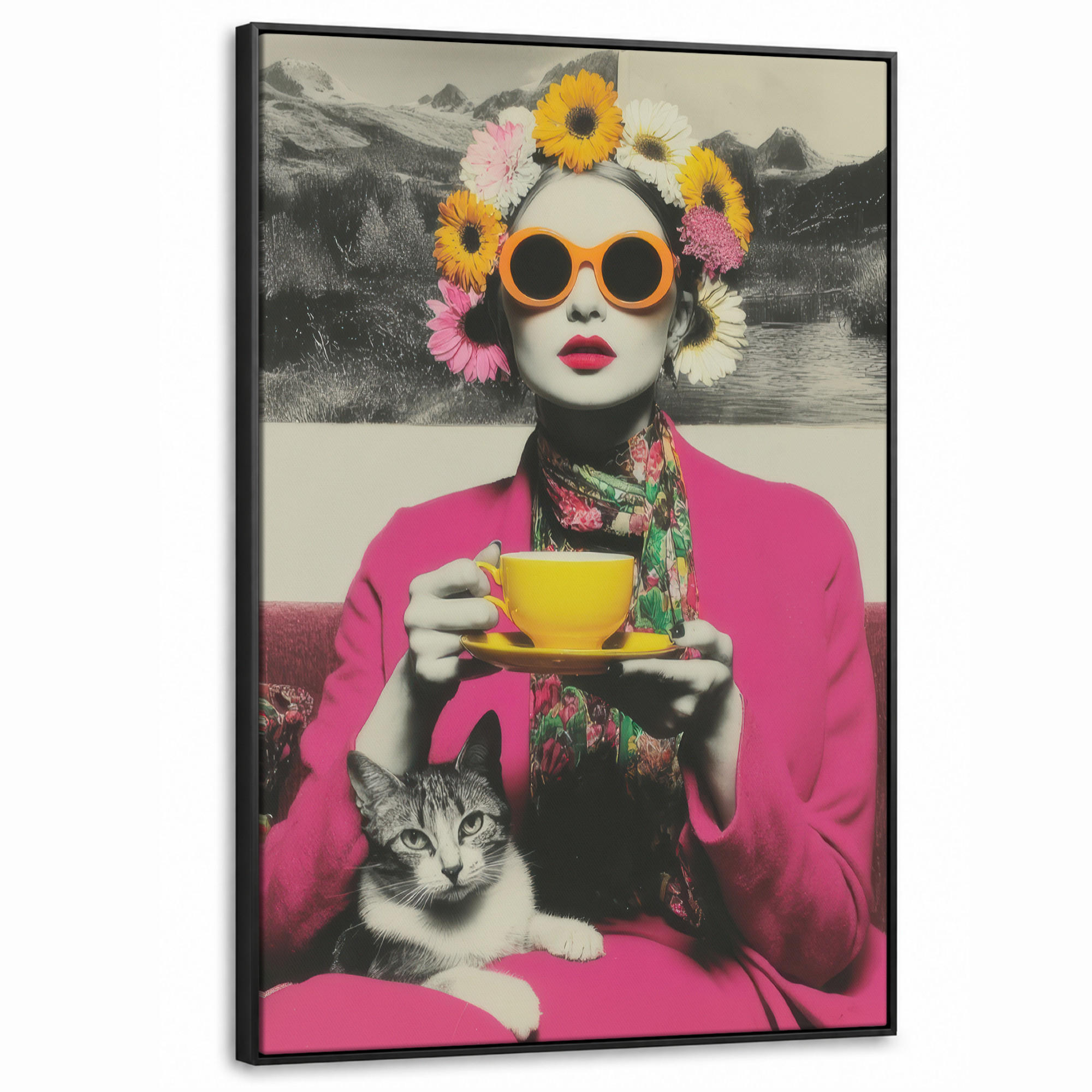 LEINWAND Bilder mit Rahmen - Frau - Katze - Blumen - Tasse - Retro - 80x120 - Magenta, Textil (80/120cm) - MuchoWow