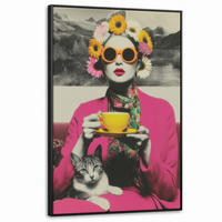 LEINWAND Bilder mit Rahmen - Frau - Katze - Blumen - Tasse - Retro - 80x120 - Magenta, Textil (80/120cm) - MuchoWow