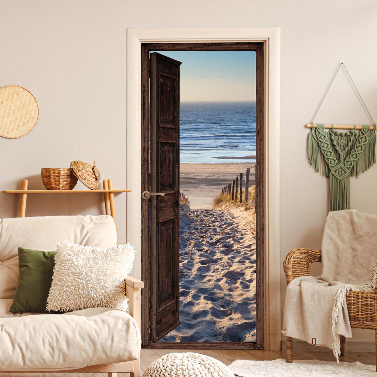 TÜRAUFKLEBER Selbstklebend - Fensterblick - Strand - Meer - Weg - Dünen 95x215 cm - Türtapete - Sandfarben, Kunststoff (95/0.1cm) - MuchoWow