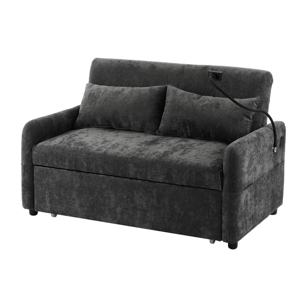 SCHLAFSOFA Doppel mit Schlaffunktion verstellbarer Rückenlehne Handyhalter & USB-Anschluss Grau 129/163/81 cm - Grau, Textil (129/81/76cm) - OKWISH