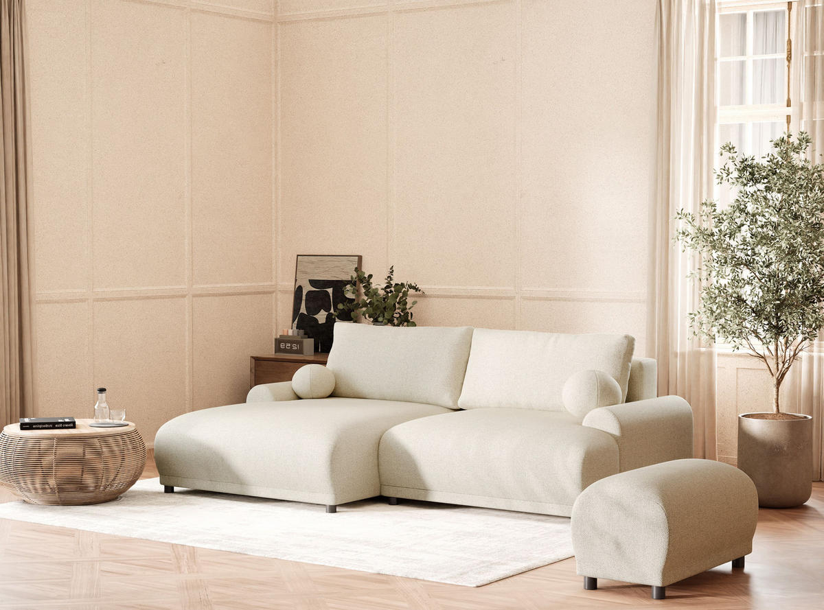 ECKSOFA MIT SCHLAFFUNKTION Tallin Creme Webstoff - Links Seite - Creme/Schwarz, Holz/Holzwerkstoff (145/240cm) - Maison de Reve