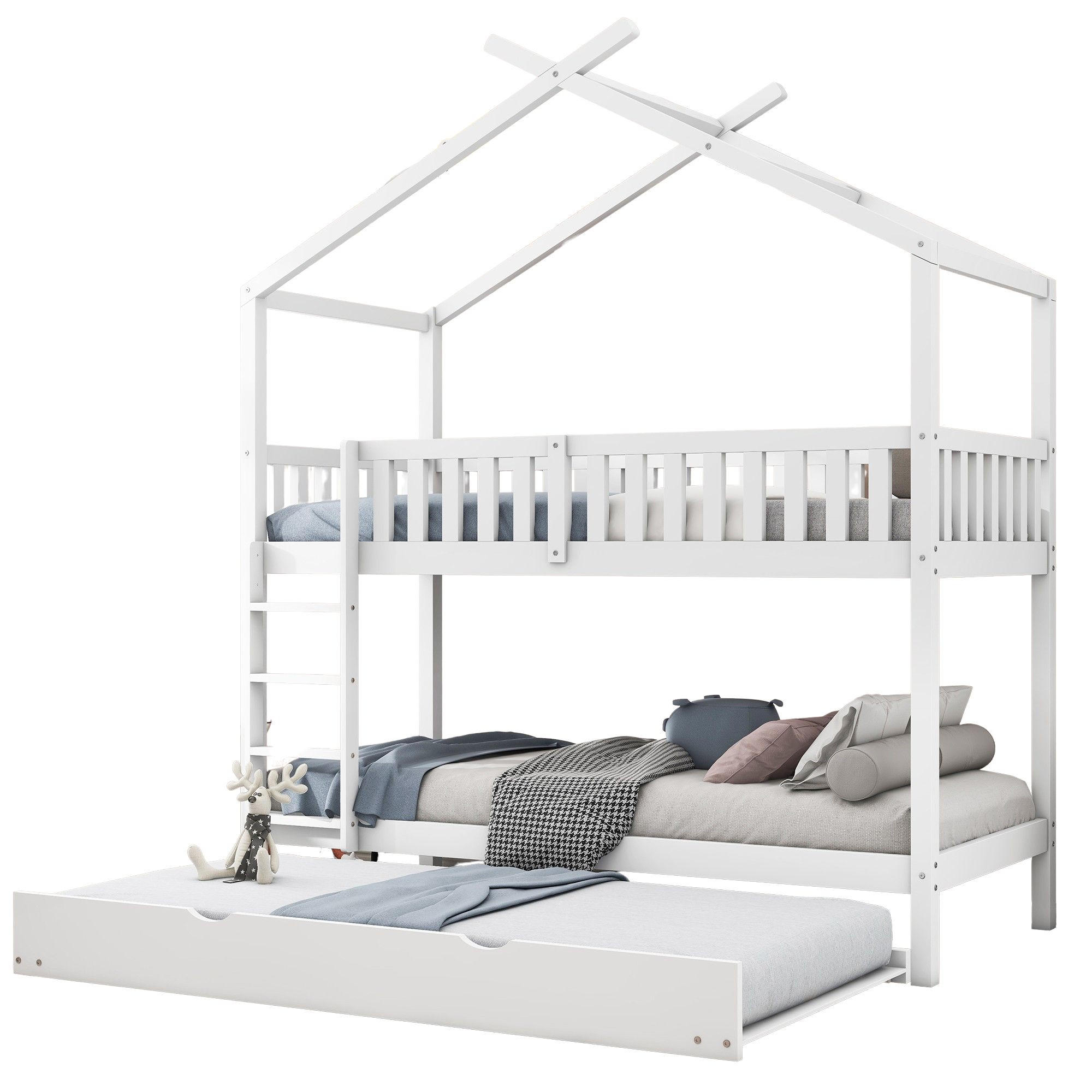 STILVORA ETAGENBETT 90/200 cm & 90/190cm in Weiß Kinderbett mit Ausziehbett und Sicherheitsgeländer aus Kiefer im Hausbett-Design