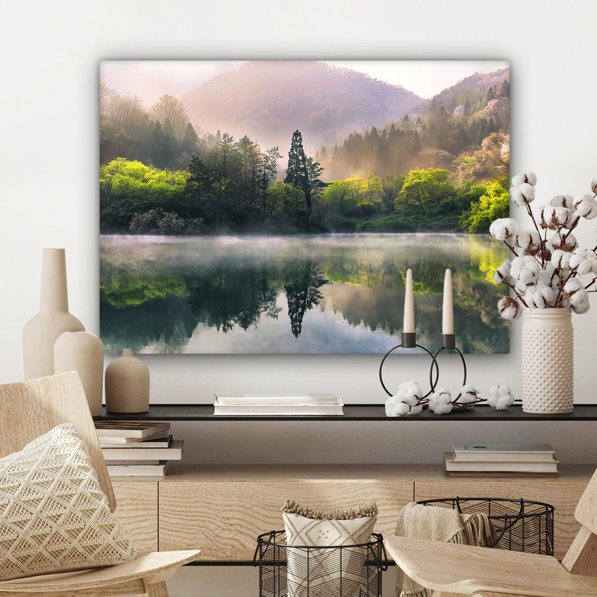 LEINWANDBILD Natur - Bäume - Berge - See - Wasser Wandbilder 80x60 cm - Hellgrün, Textil (80/60cm) - MuchoWow