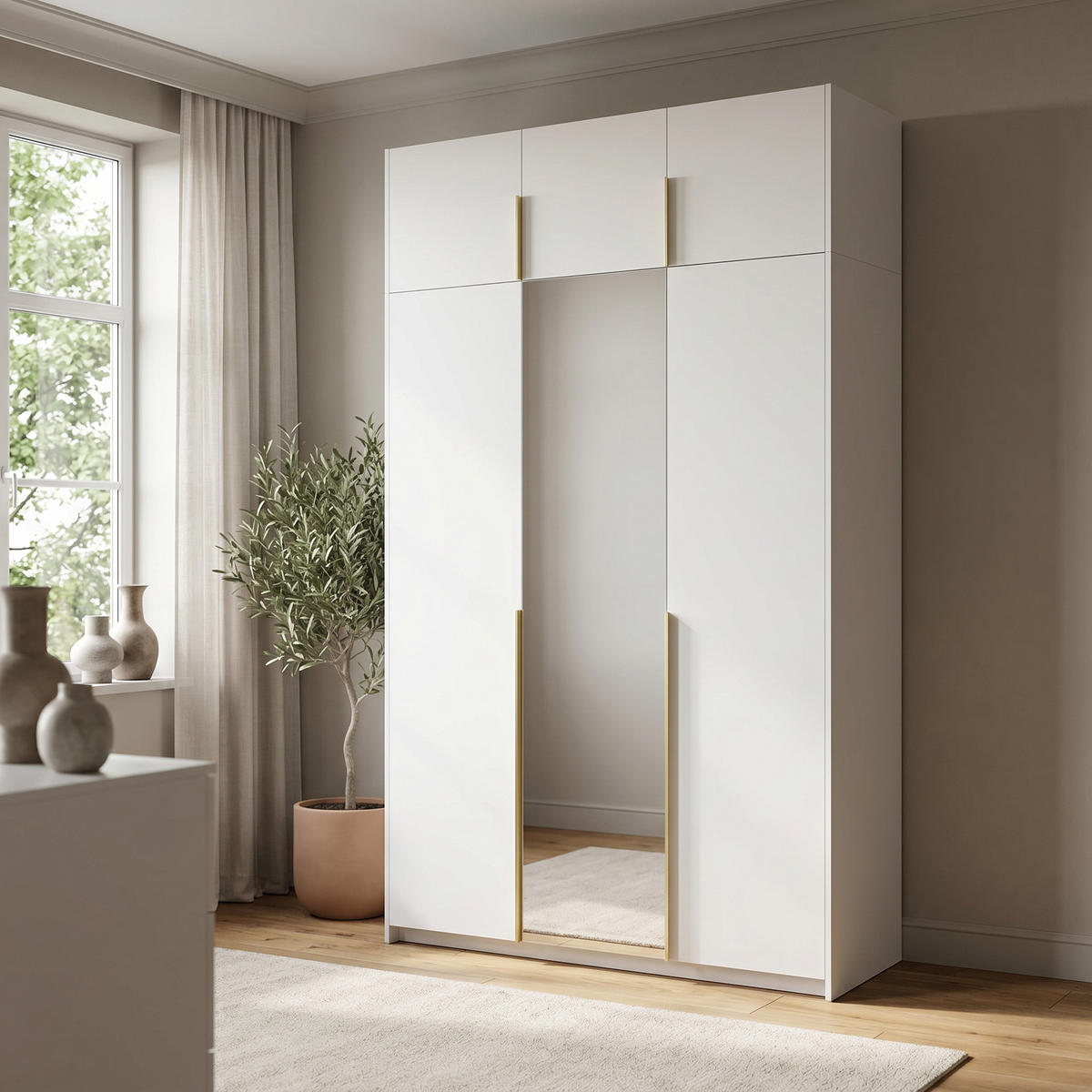 DREHTÜRENSCHRANK THALIA 148/250/58cm 3-türig mit Spiegel Weiß - Weiß, Holzwerkstoff (148/250/58cm) - MASSENO