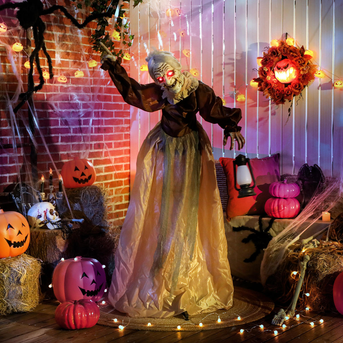 HALLOWEEN-DEKORATION Hexe 150 cm mit LED-Lichter, Soundfunktion - Braun, Textil (25/150/90cm) - Outsunny