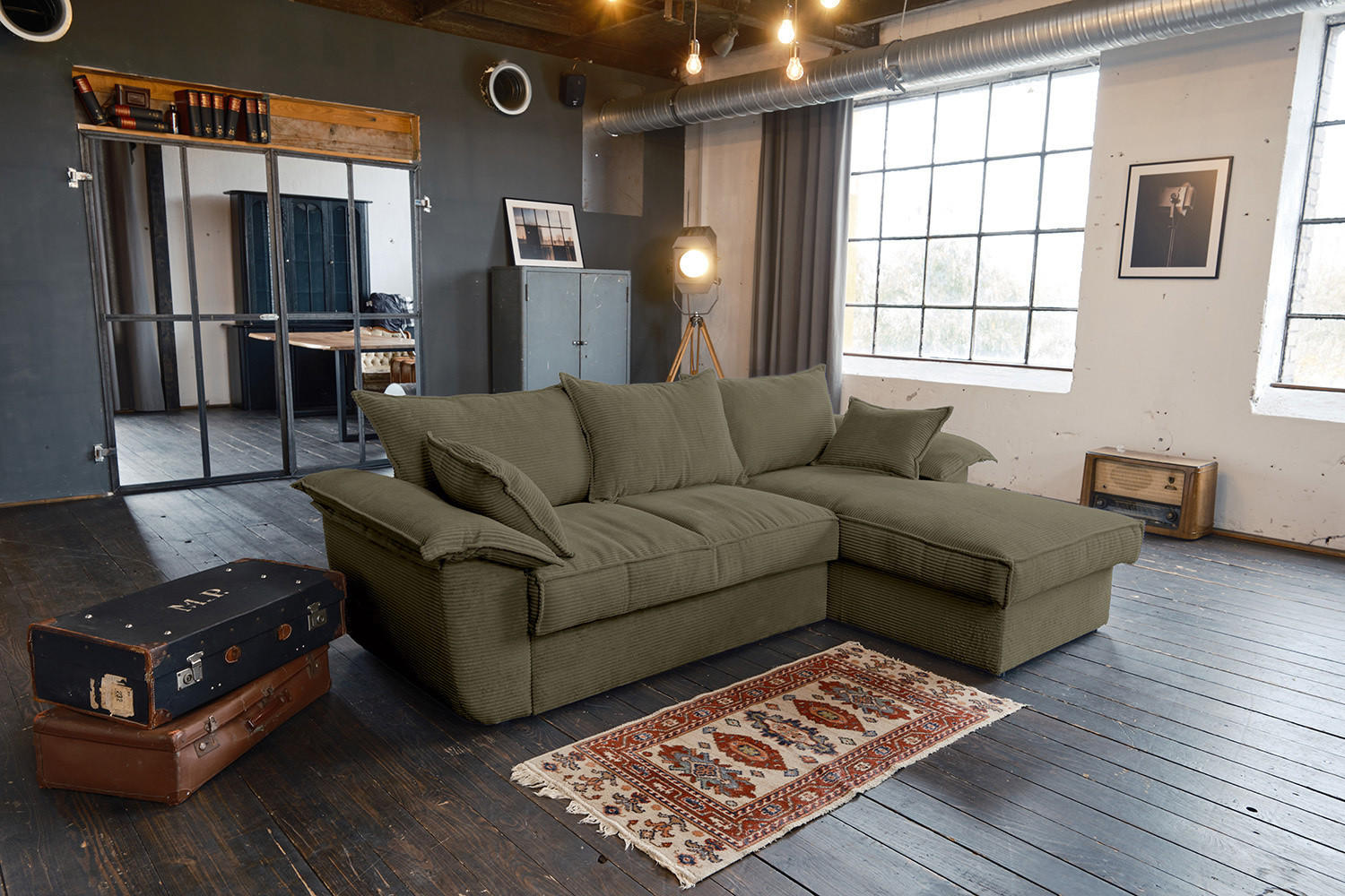 ECKSOFA DAMETO Grün Cord - Schwarz/Olivgrün, Kunststoff/Textil (266/174cm) - KAWOLA