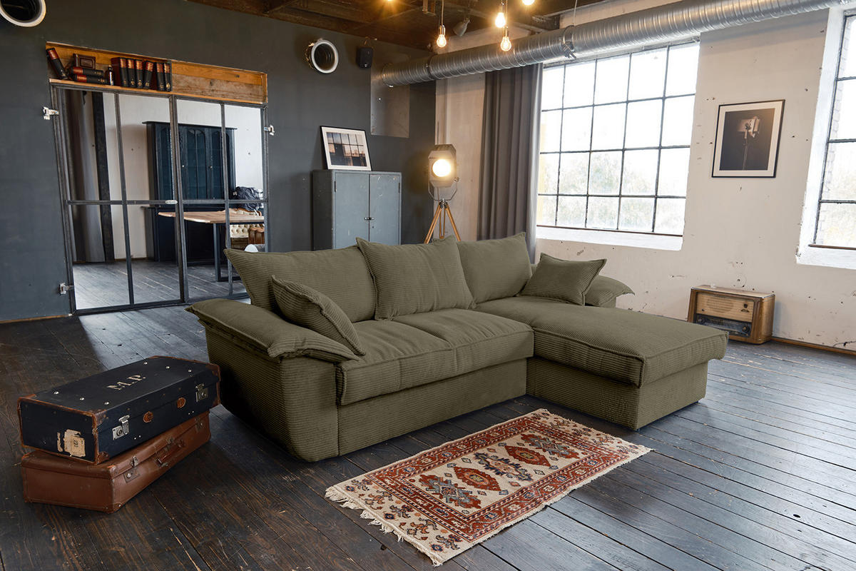 ECKSOFA DAMETO Grün Cord - Schwarz/Olivgrün, Kunststoff/Textil (266/174cm) - KAWOLA
