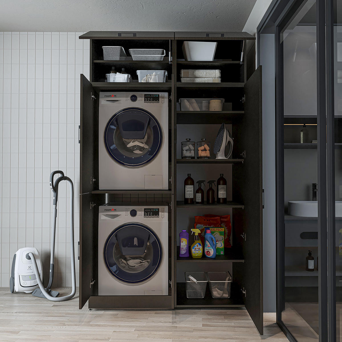 WASCHMASCHINENSCHRANK DORA-II 130cm Breit, 230cm Hoch - Schwarz, Holzwerkstoff (130/230/73.8cm)