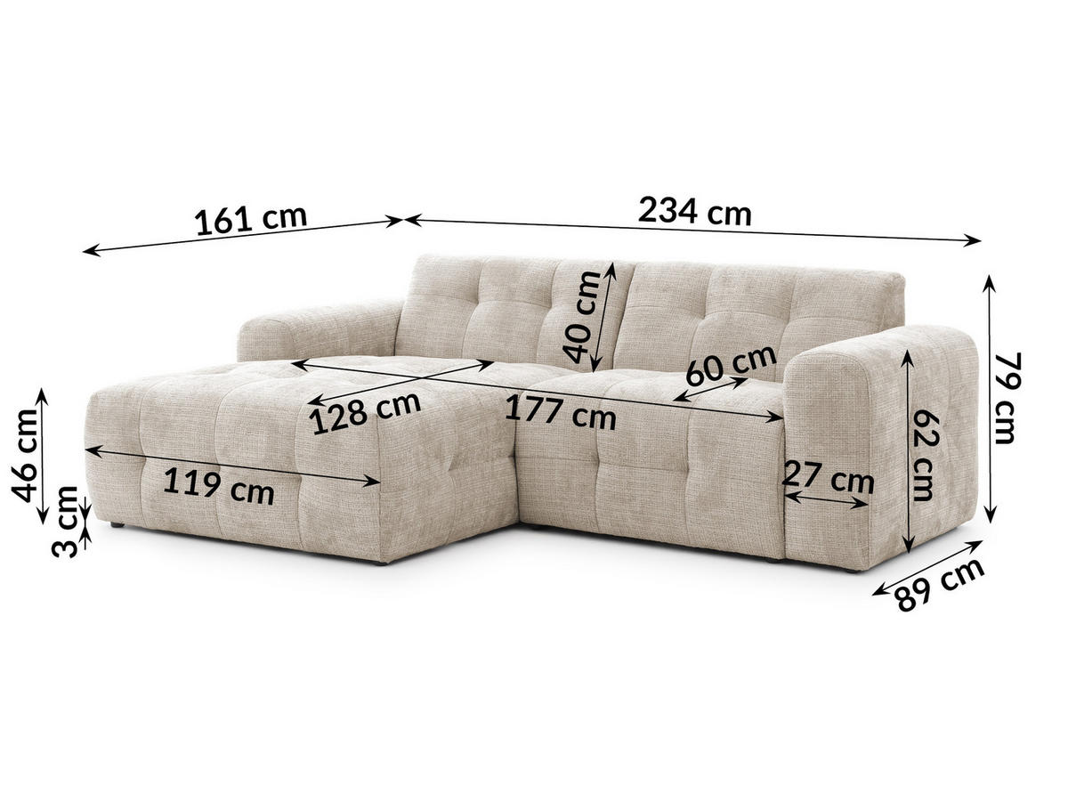 ECKSOFA Kozy im Bumpy-Design mit fester Rückenlehne aus weichem Dunkelbeige Chenille-Stoff - Ottomane links - Beige/Schwarz, Holz/Kunststoff (161/234cm) - S-Style Möbel