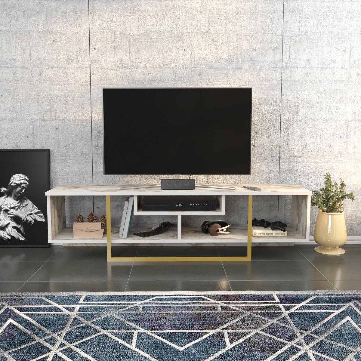 TV-ELEMENT Asal Marmor Weiss Gold - Goldfarben/Weiß, Holzwerkstoff (149.4/40/35.2cm) - Decorotika