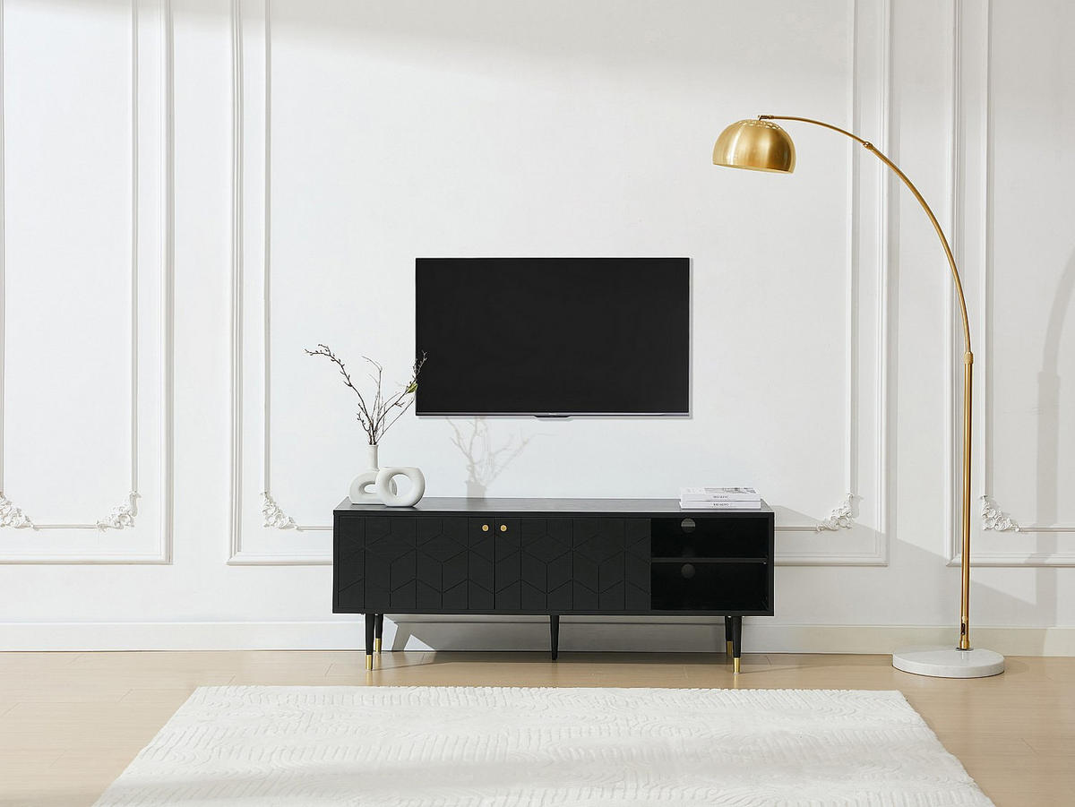 TV-MÖBEL mit 2 Türen & 2 Fächern - Eichenfurnier - Schwarz & Goldfarben - PARIOMA - Schwarz, Holz (150/55/40cm) - Vente-Unique