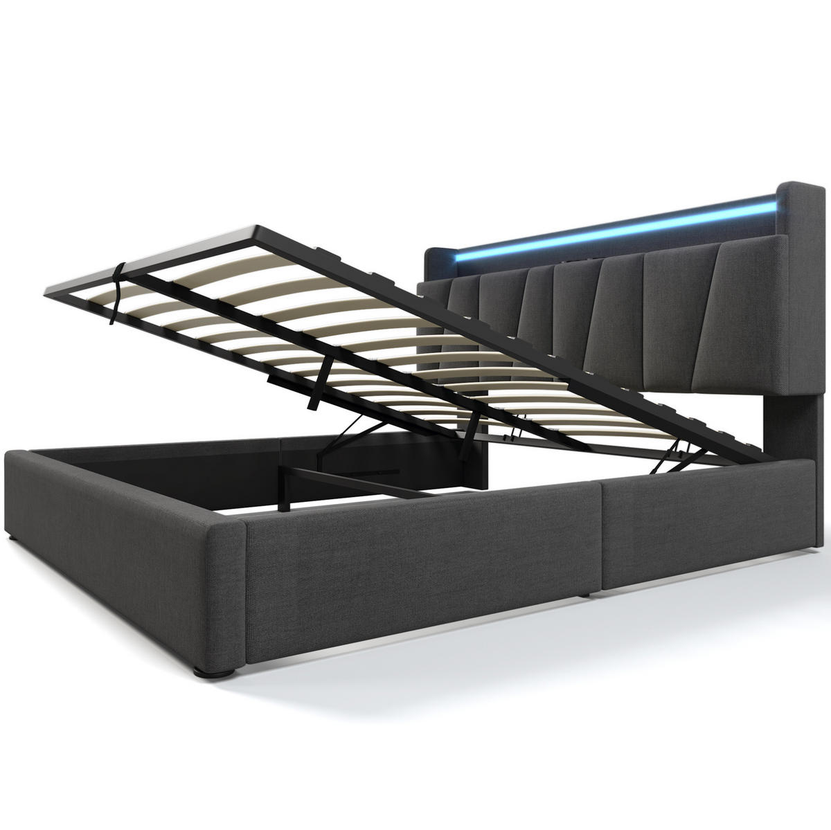 POLSTERBETT 140/190 cm mit LED, USB, Steckdosen, Stauraum-Kopfteil und Bettkasten, Leinen, Grau - Grau, Textil (140/190cm) - Redom