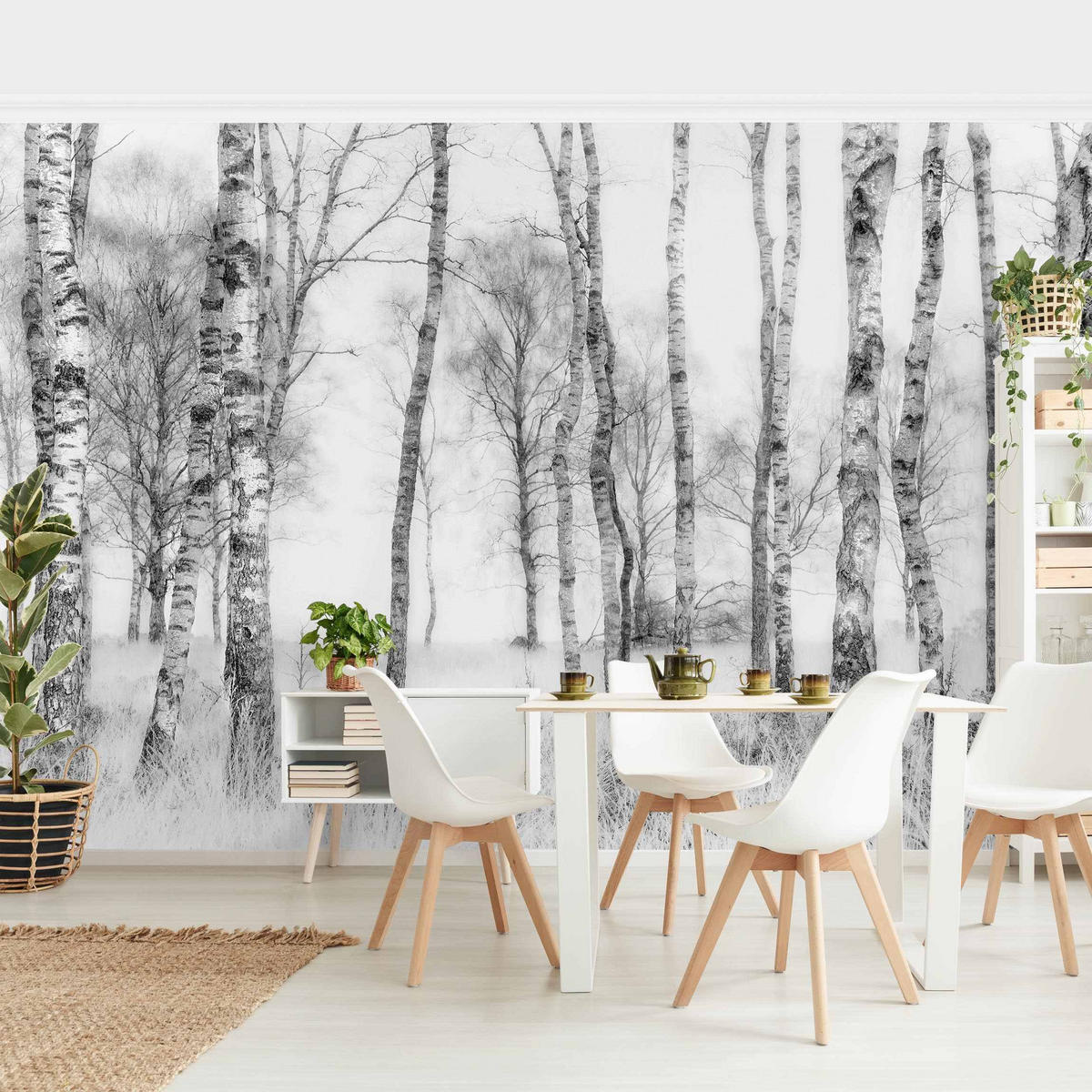 FOTOTAPETE Mystischer Birkenwald Schwarz-Weiß 336/225 cm - Schwarz, Papier (336/225cm) - Bilderwelten