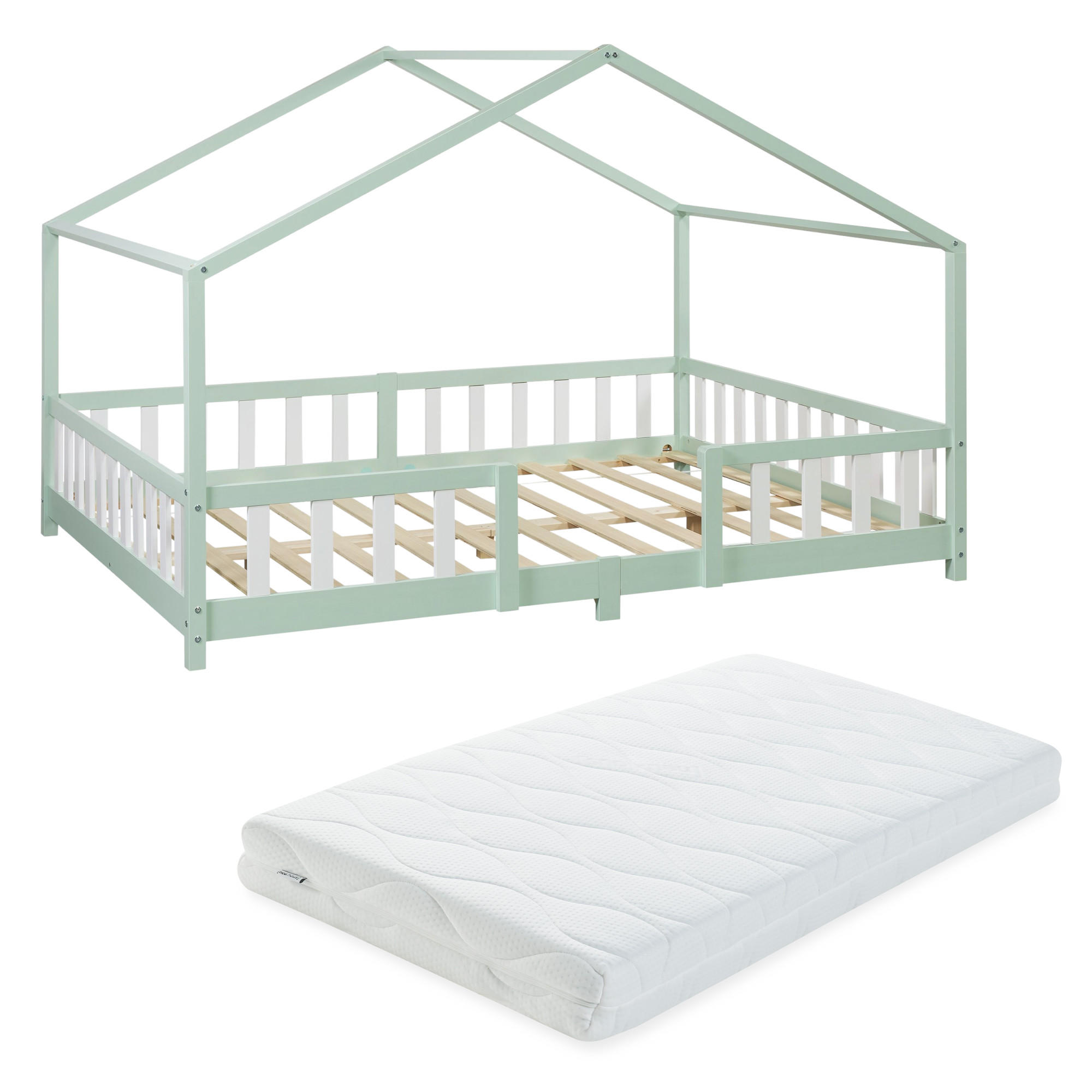 HAUSBETT Treviolo mit Matratze - Weiß/Mintgrün, Holz/Textil (120/200cm) - [en.casa]