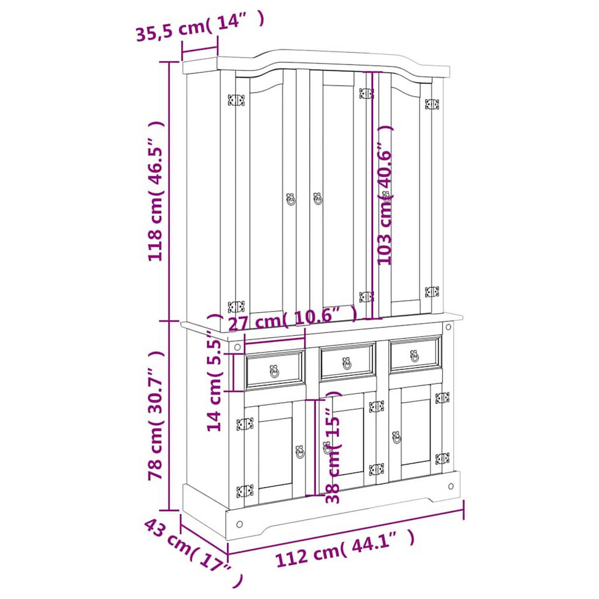 BUFFET Corona mit Vitrinenschrank und 3 Schubladen, 112/43/196 cm, aus Massives Kiefern, in Braun - Braun, Holz (112/196/43cm) - vidaXL