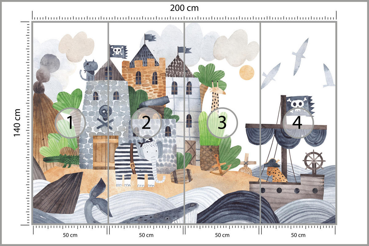 FOTOTAPETE für Kinderzimmer Märchen Piratenfestung Schiff Meereswellen 200x140 - Blau/Beige, Papier (200/140cm) - Muralo