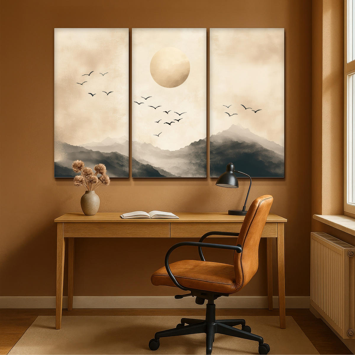 LEINWANDBILD 3er Set Landschaft - Japandi - Beige - Vögel 180x120 cm - Beige, Textil (180/120cm) - MuchoWow