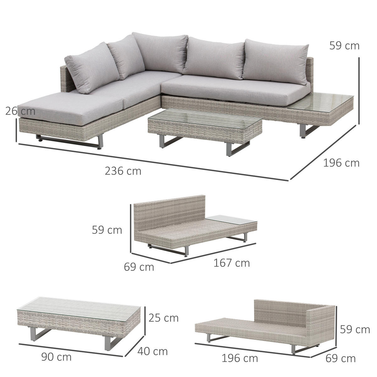 LOUNGE-SET 3-tlg. Couchtisch Beistelltisch Wetterbeständig Grau + Braun - Grau, Kunststoff - Outsunny