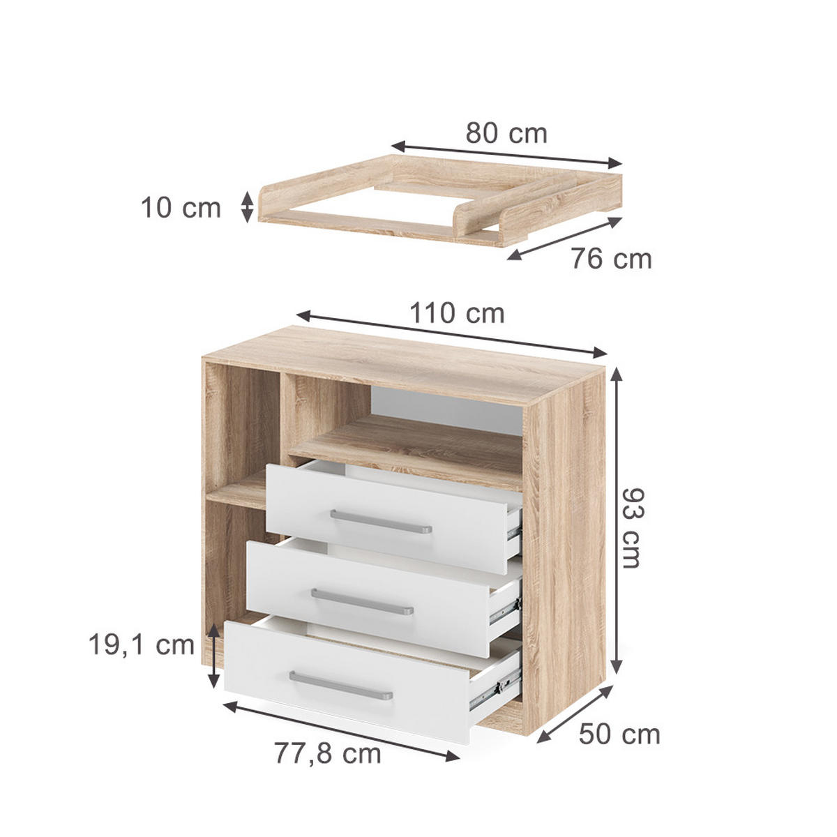 WICKELKOMMODE Olina, Sonoma/Weiß, 110 x 93 cm - Weiß/Sonoma Eiche, Holzwerkstoff (110/93/50cm) - Vicco