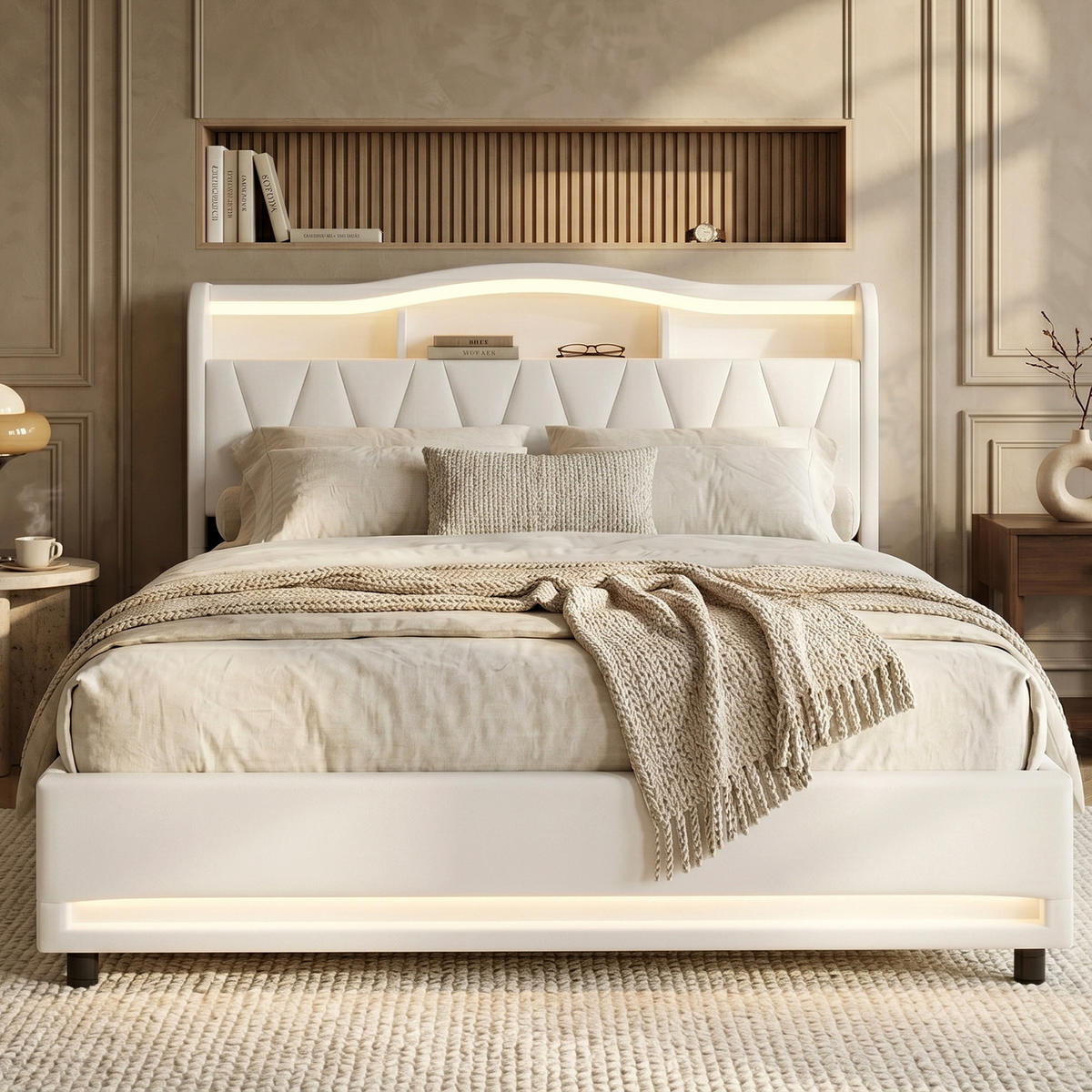 POLSTERBETT Geometrisch 160/200 cm mit 4 Schubladen & App-LED Samtoptik Beige - Beige, Textil (160/200cm) - Creahappy