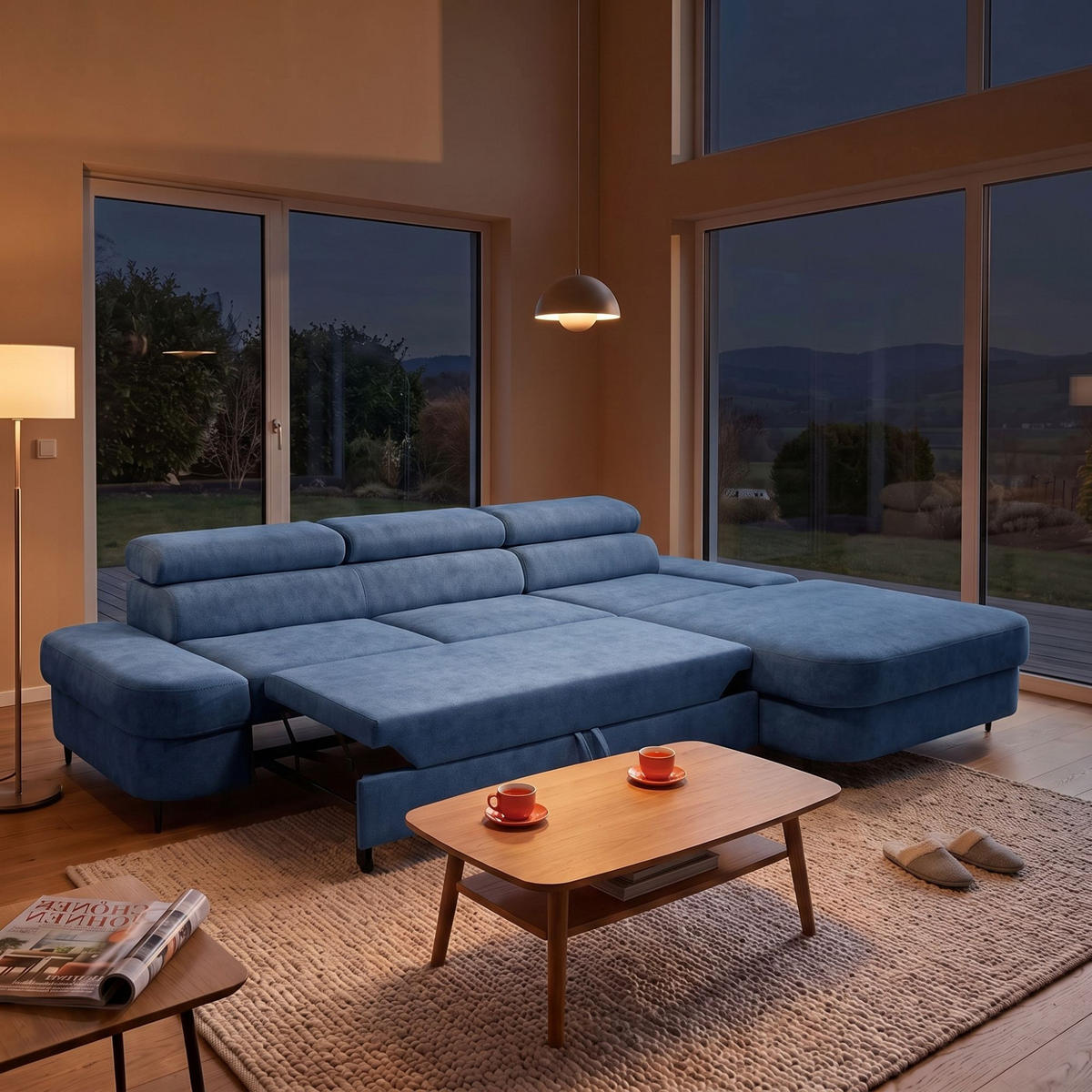 ECKSOFA JAZZ L Rechts mit Schlaffunktion 127x216 Velours Blau - Blau/Schwarz, Holz/Textil (237/285cm) - Muffo