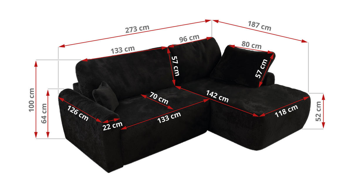 ECKSCHLAFSOFA CUBO L Schwarz Plüsch - links - Schwarz, Kunststoff/Textil (273/187cm) - MKS