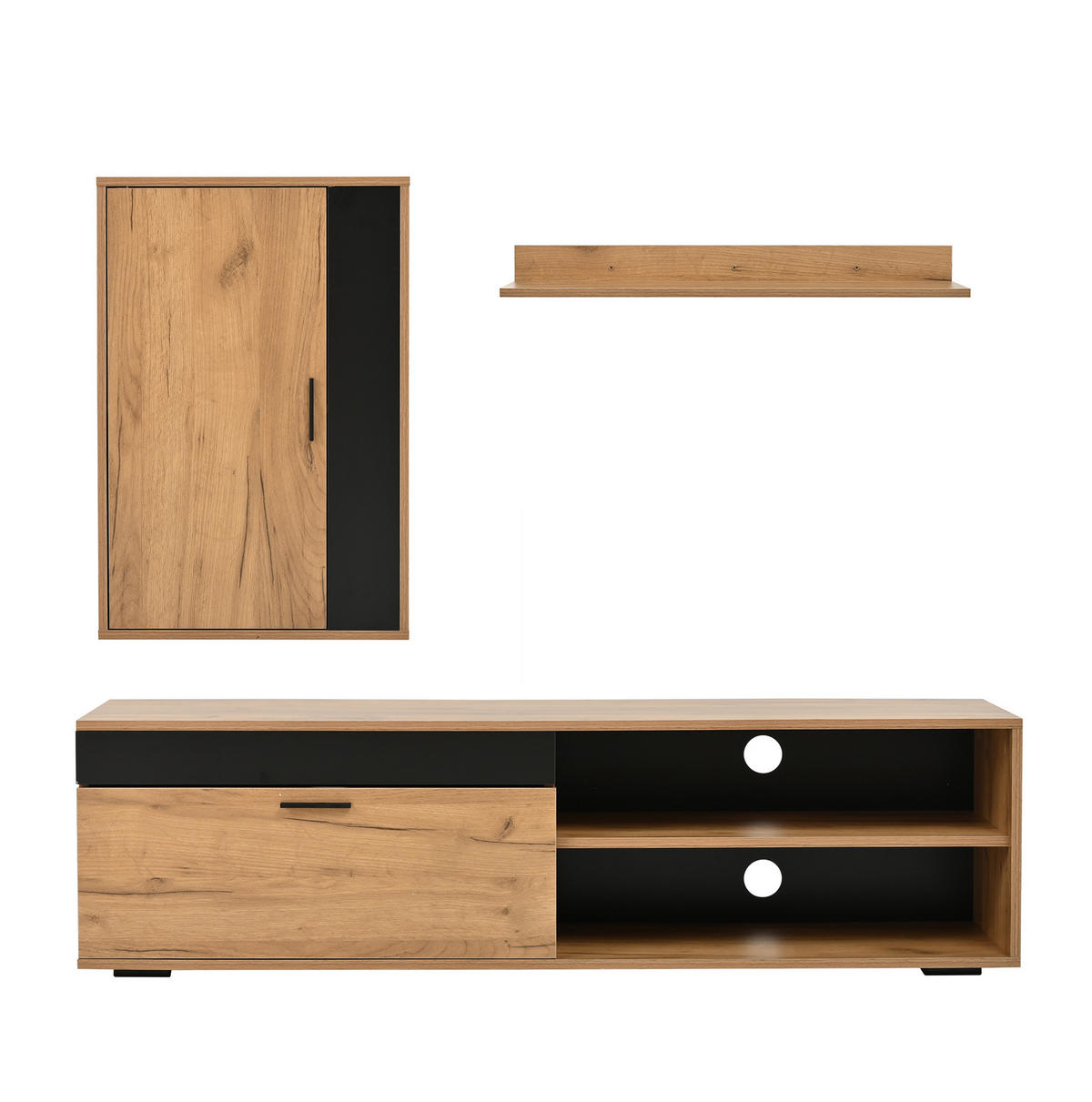 SET TV elemenata 140/35/39 cm hrast i crna od iverala s visećim ormarićem i zidnom policom - prirodne boje, drvni materijal (140/39/35cm) - OKWISH