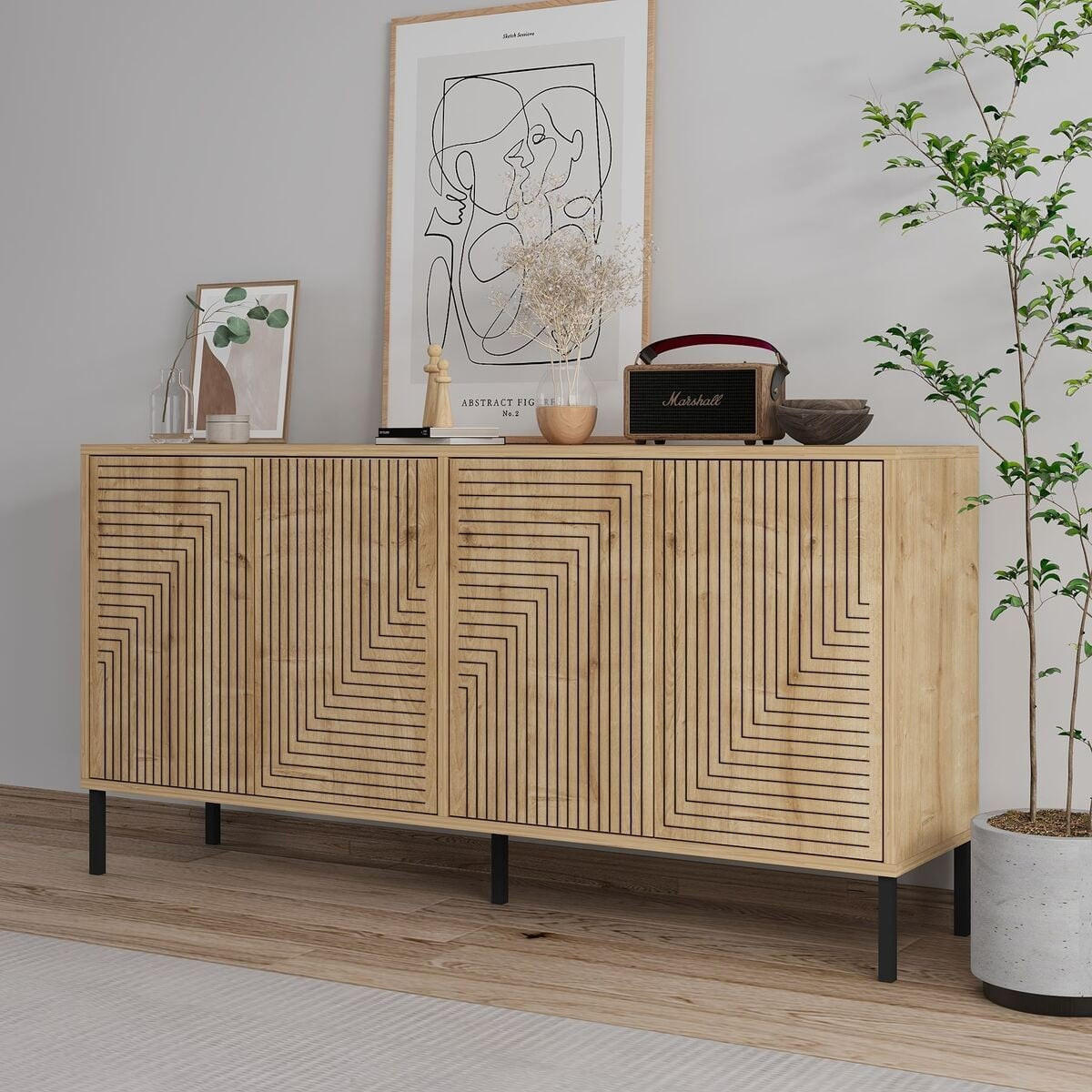 SIDEBOARD mit 4 Türen, gestreift dekoriert 36/150/75 cm - Eichefarben, Holzwerkstoff (36/75/150cm) - Calicosy