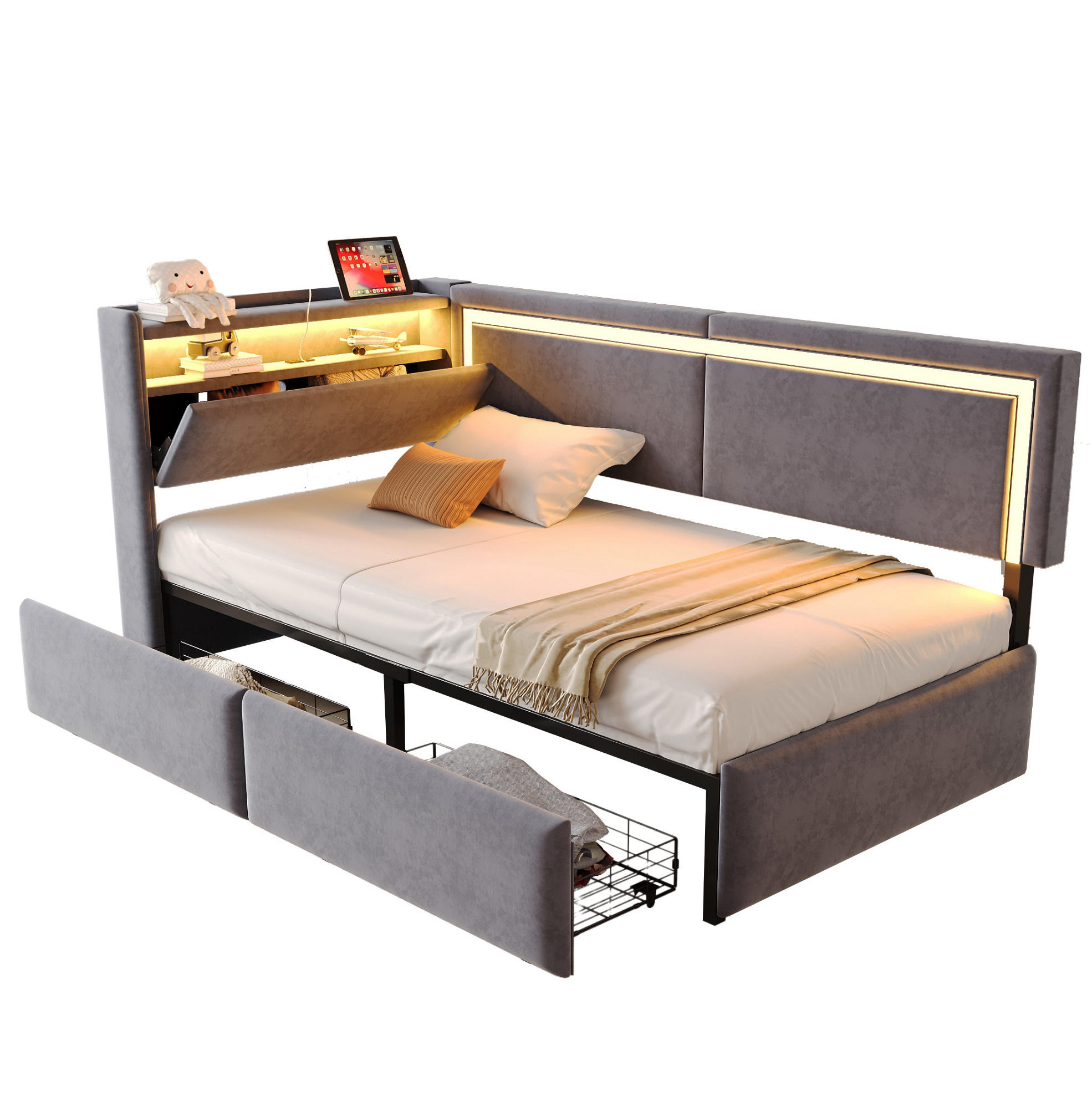 POLSTERBETT 90/200 cm aus Samt mit LED-Beleuchtung, USB-Anschlüssen und Stauraum - Dunkelgrau, Textil (90/200cm) - Flora Grace